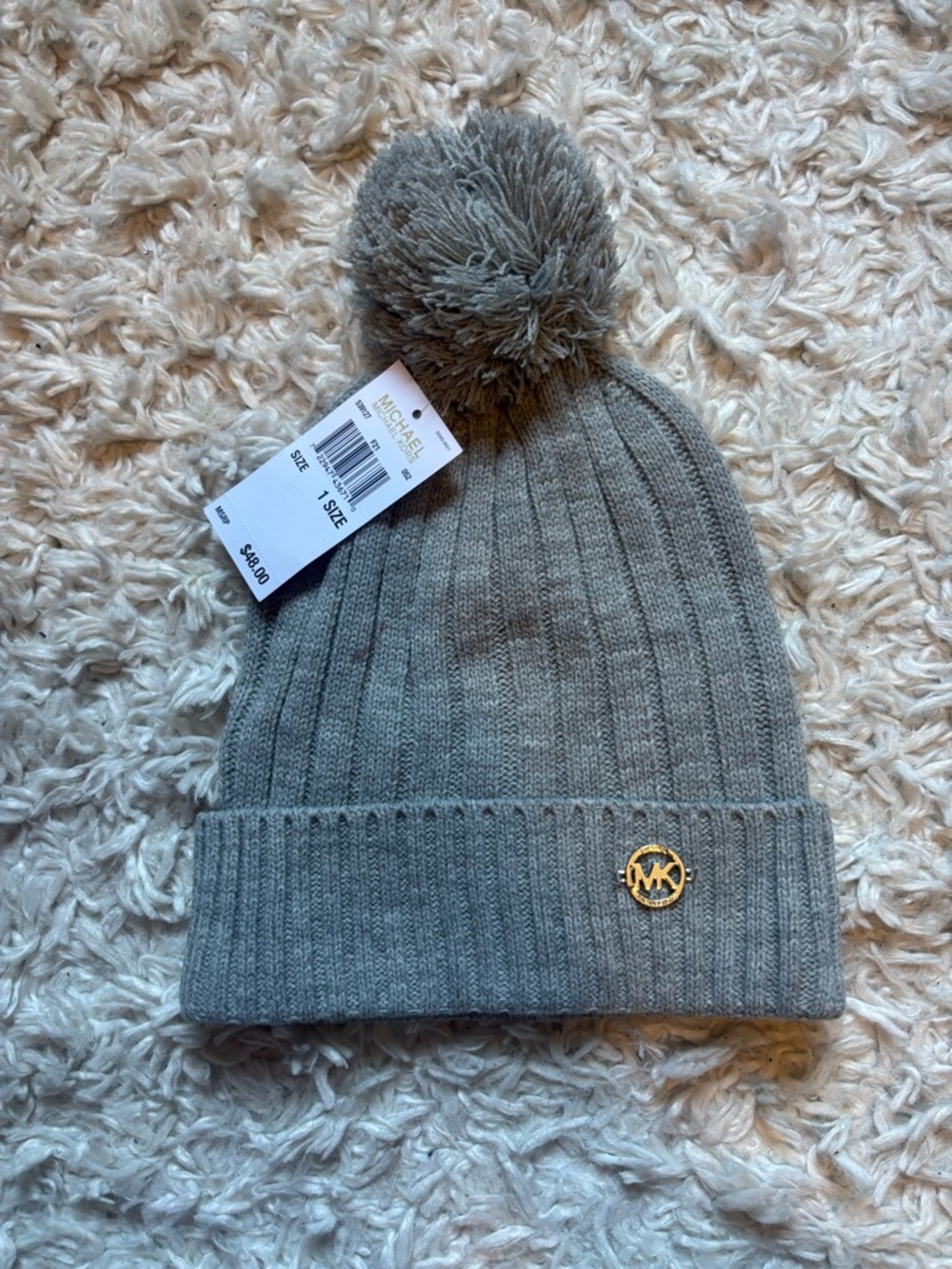 Michael Kors Kids Gray Ribbed Pom-Pom Beanie with Gold MK Accent